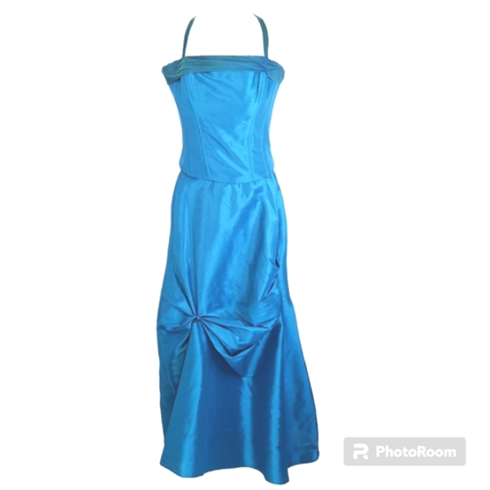 MARIE DOOLEY Gown Dress 6 Blue 2 Pc Couture Corset Charmeuse Evening Wedding
